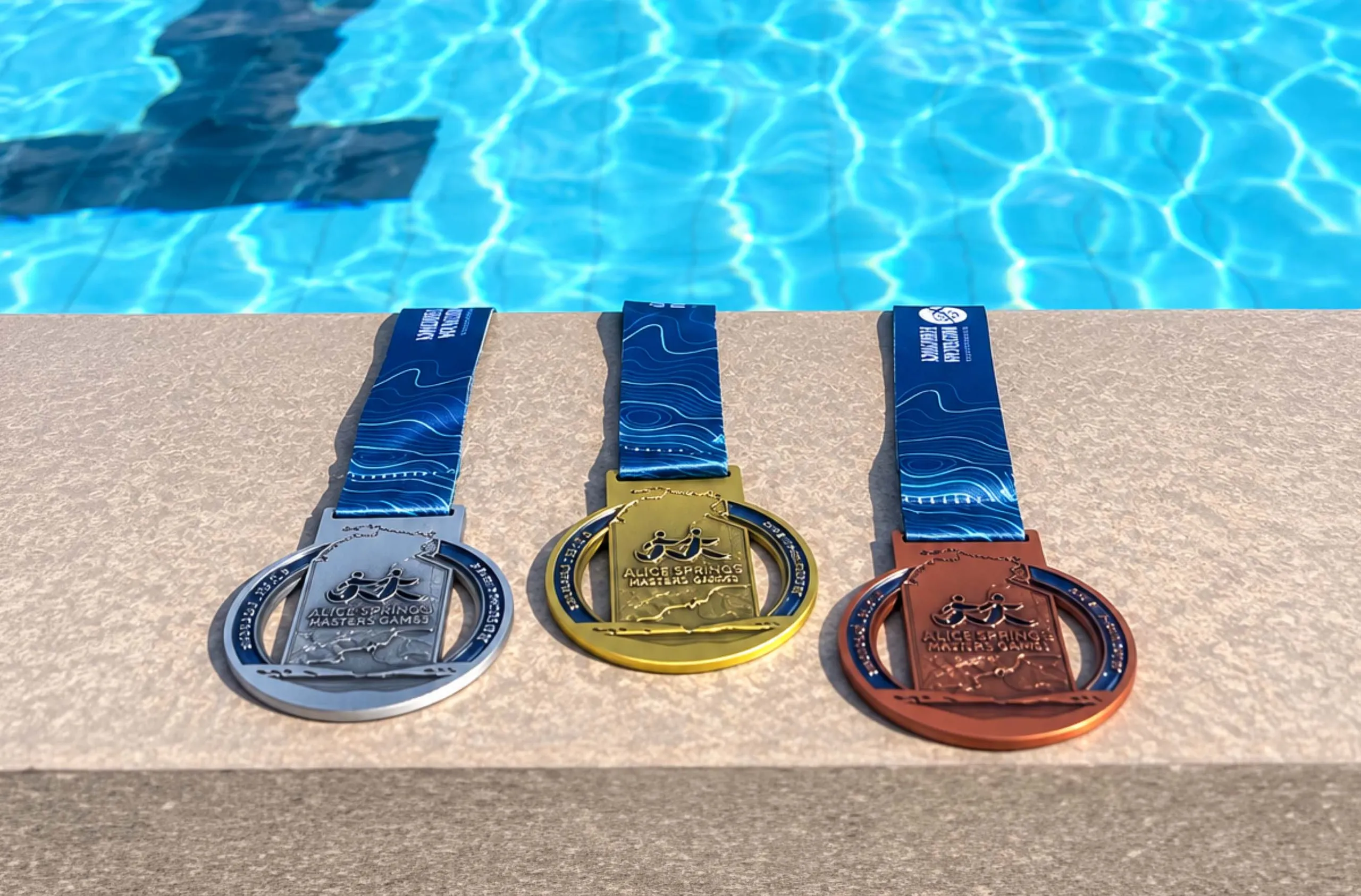 A gold, silver and bronze medal on a swimming podium with a pool in the background