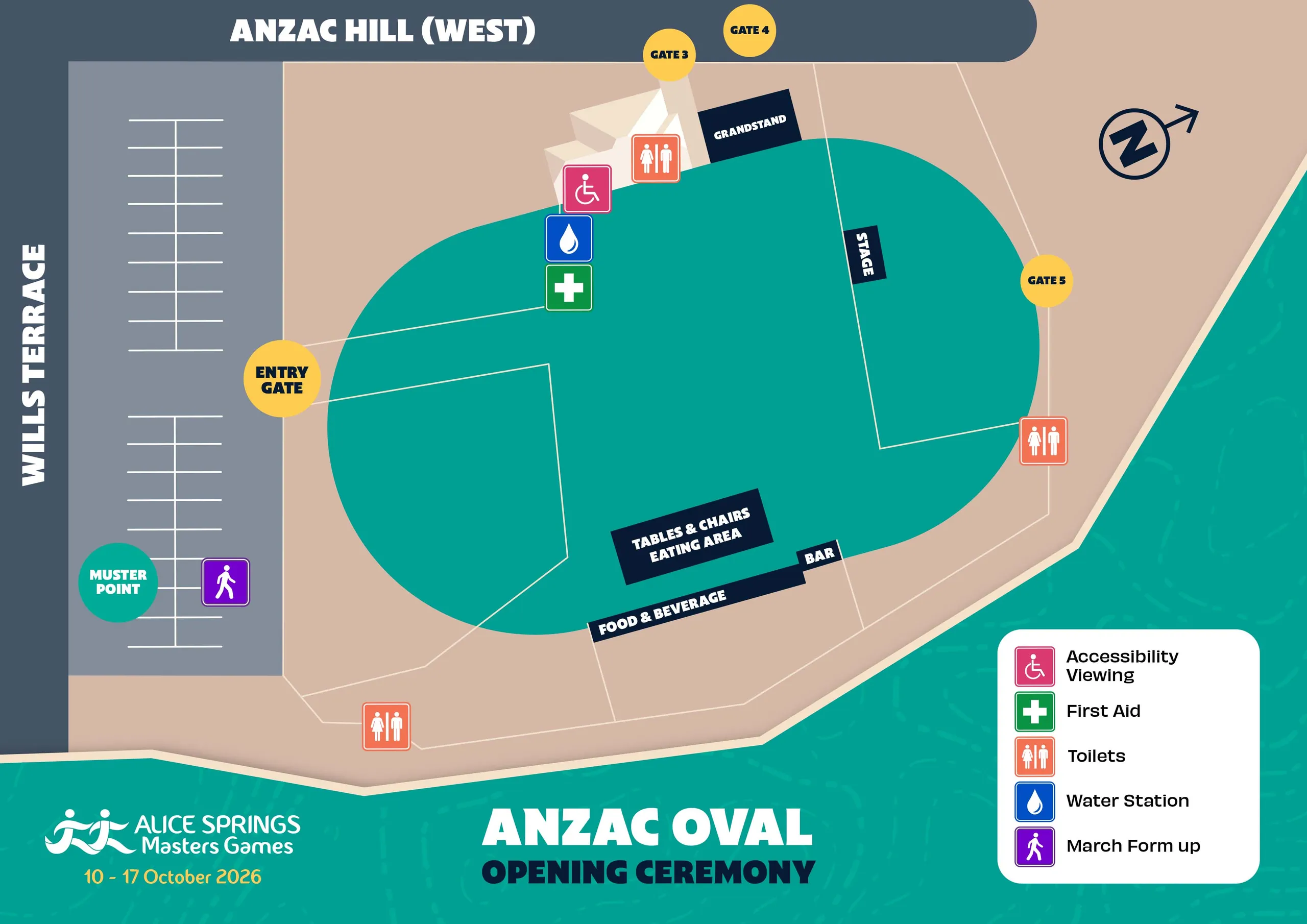 ANZAC Oval Opening Ceremony venue map with available amenities listed